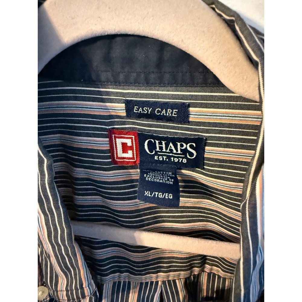 Chaps Mens XL Easy‎ Care Button Down Shirt Long Sleeve Striped Navy Blue Orange - Picture 2 of 6